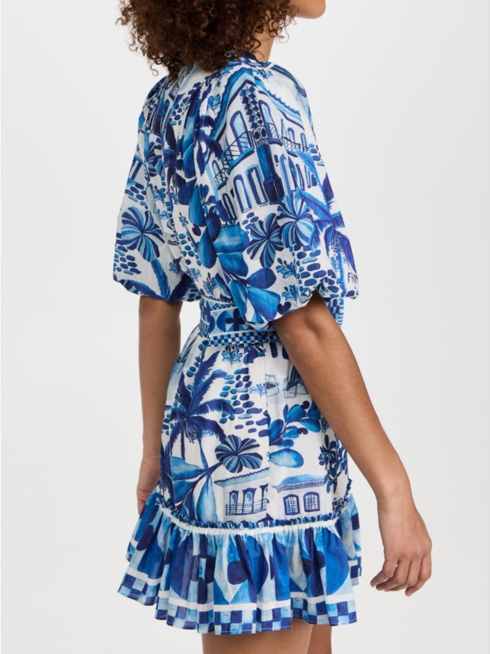 NEW FARM Rio Sweet Rio Mini Dress Tropical Beaded Belt Blue Off White Size L - Picture 3 of 16